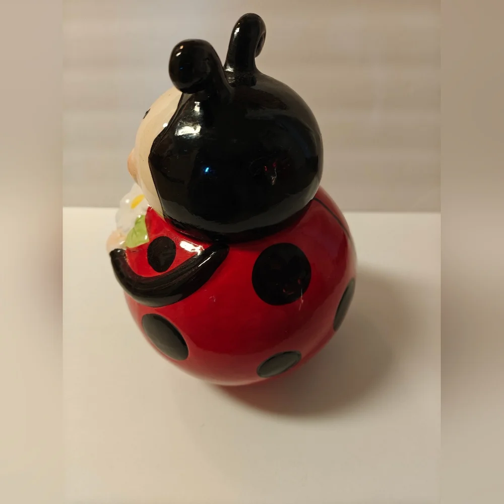 Ladybug Hugging Daisy Cookie Jar, Anthropomorphic Ladybug Ceramic Cookie Jar - Picture 6 of 13